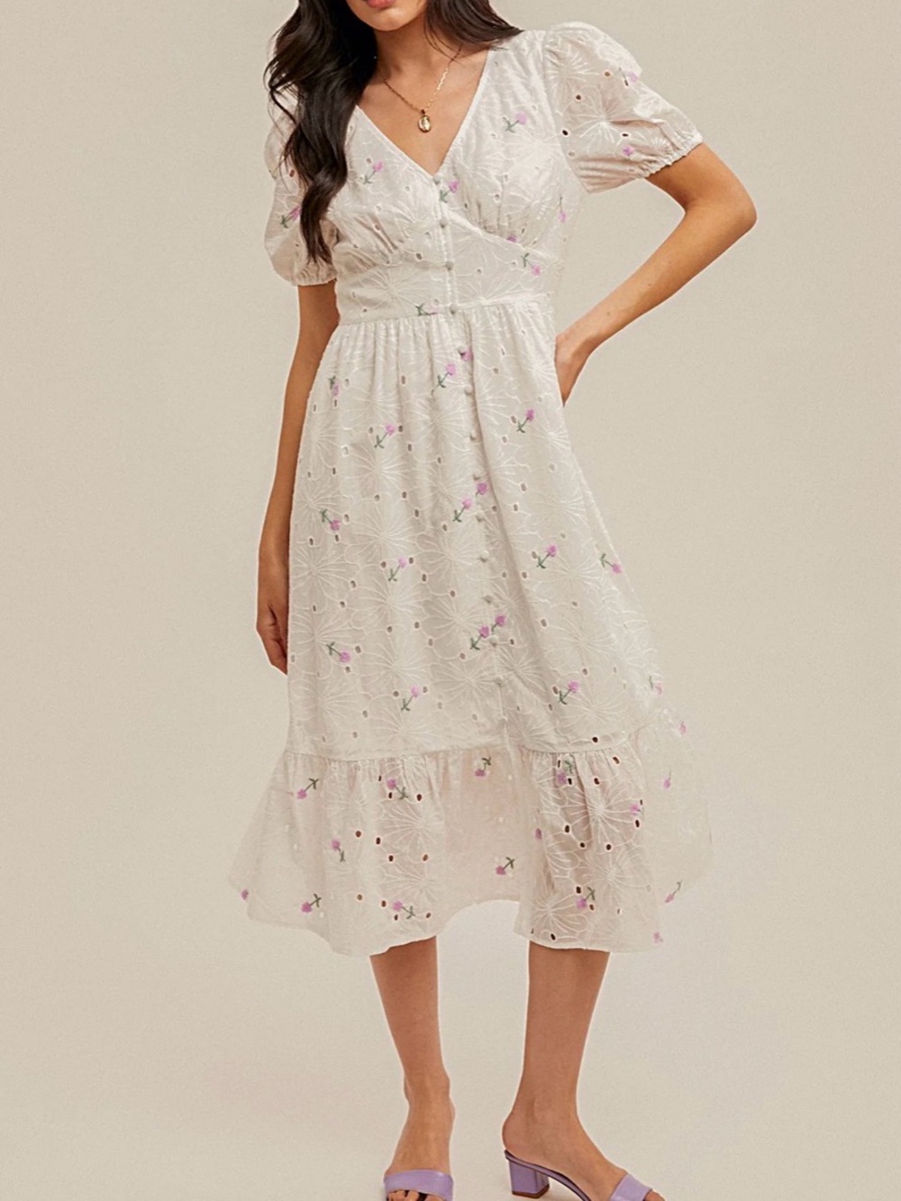 Hem & Thread Womens L NWT White Eyelet Floral Embroidered Midi Dress Cottage